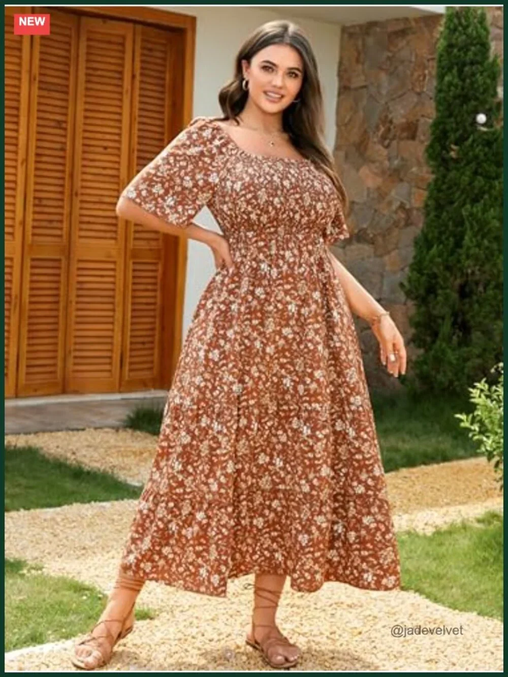 Plus Size Smocked Boho Floral Maxi Dress Square Neck Short Sleeve Wedding Guest - Picture 2 of 6